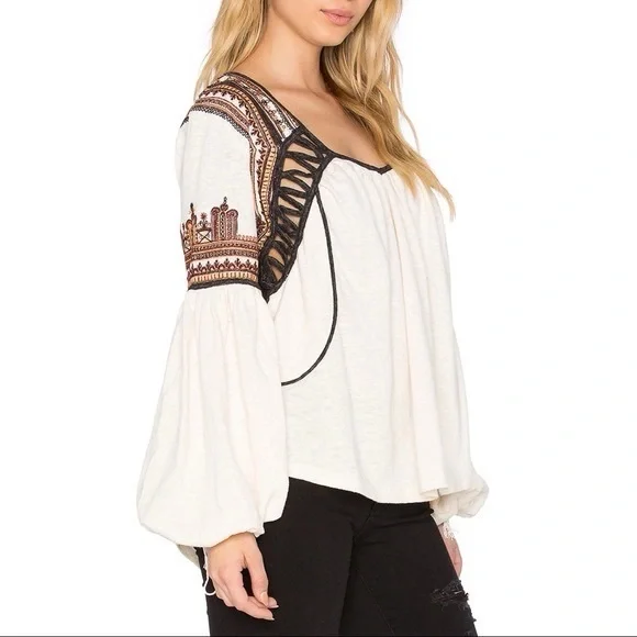 Free People Bohemia Cream and Black Embroidered Blouse - Picture 2 of 7